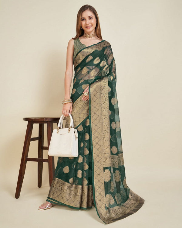 Superb Green Color Organza Fabric Partywear Saree