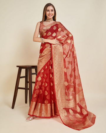Superb Red Color Organza Fabric Partywear Saree