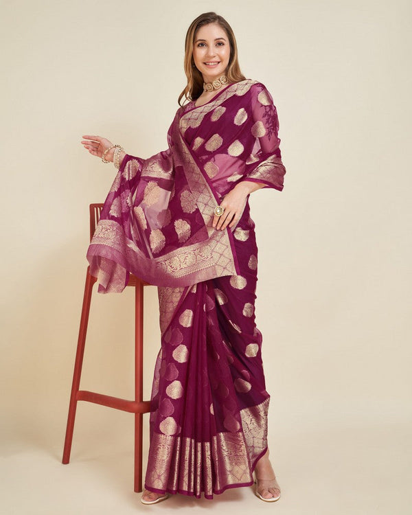 Superb Wine Color Organza Fabric Partywear Saree