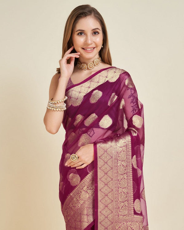 Superb Wine Color Organza Fabric Partywear Saree