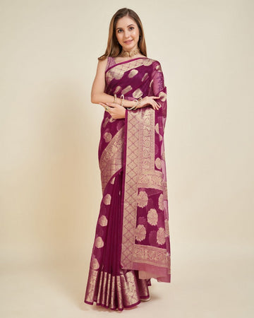 Superb Wine Color Organza Fabric Partywear Saree