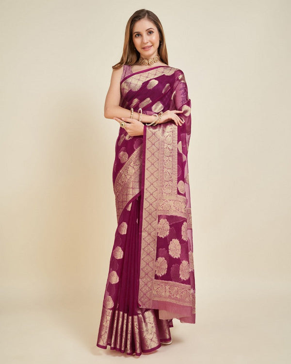 Superb Wine Color Organza Fabric Partywear Saree