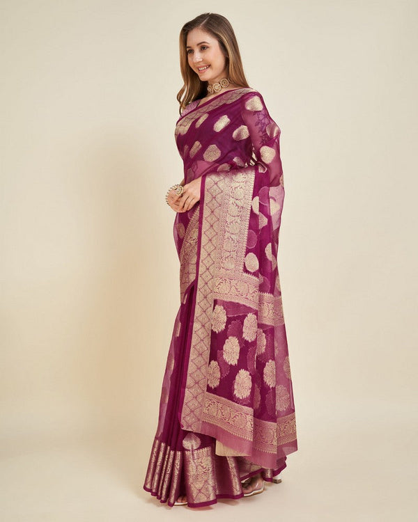 Superb Wine Color Organza Fabric Partywear Saree
