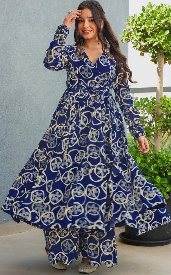 Amazing Blue Color Rayon Fabric Designer Suit