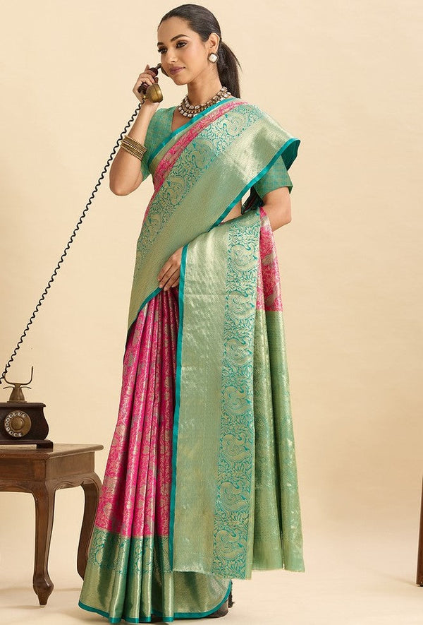 Amazing Turquoise Color Kanjivaram Fabric Partywear Saree