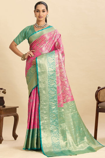 Amazing Turquoise Color Kanjivaram Fabric Partywear Saree