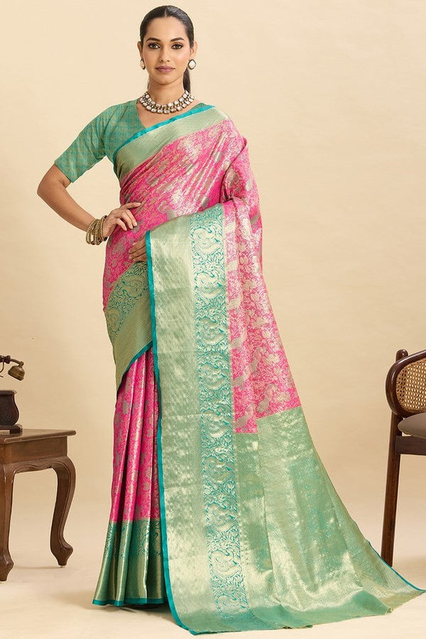 Amazing Turquoise Color Kanjivaram Fabric Partywear Saree