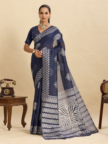 Beautiful Navy Blue Color Silk Fabric Casual Saree