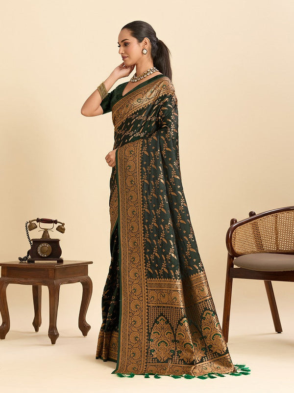 Dazzling Green Color Satin Fabric Partywear Saree