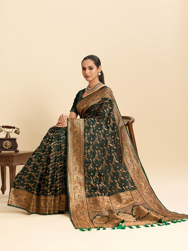 Dazzling Green Color Satin Fabric Partywear Saree