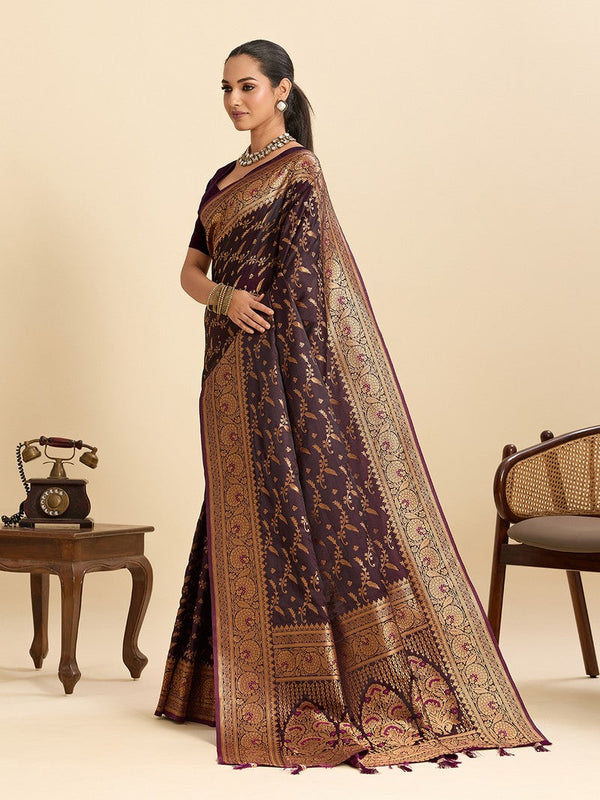 Dazzling Wine Color Satin Fabric Partywear Saree