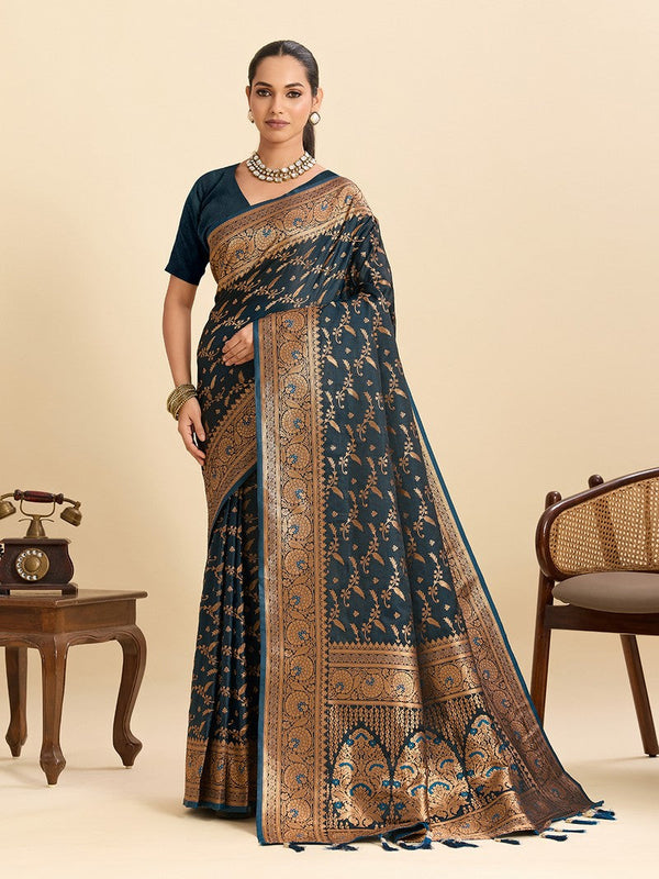 Dazzling Teal Color Satin Fabric Partywear Saree