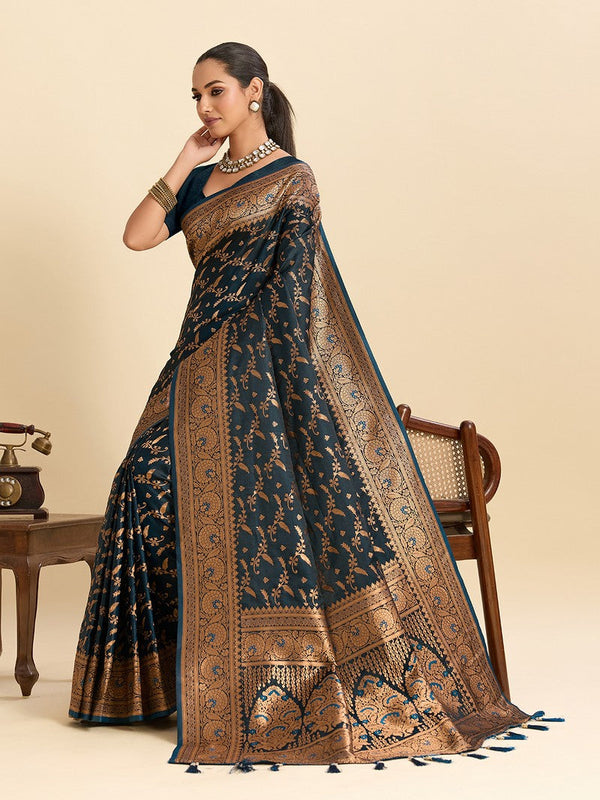 Dazzling Teal Color Satin Fabric Partywear Saree