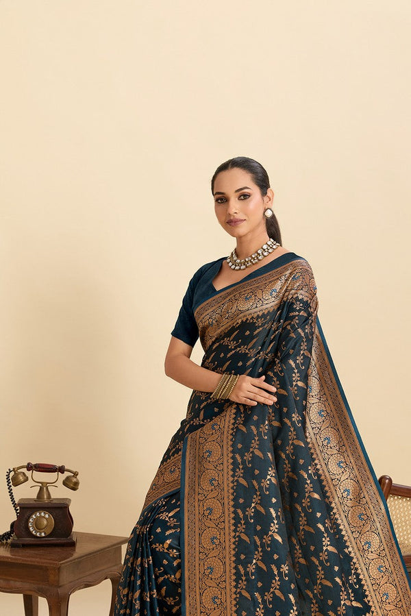 Dazzling Teal Color Satin Fabric Partywear Saree