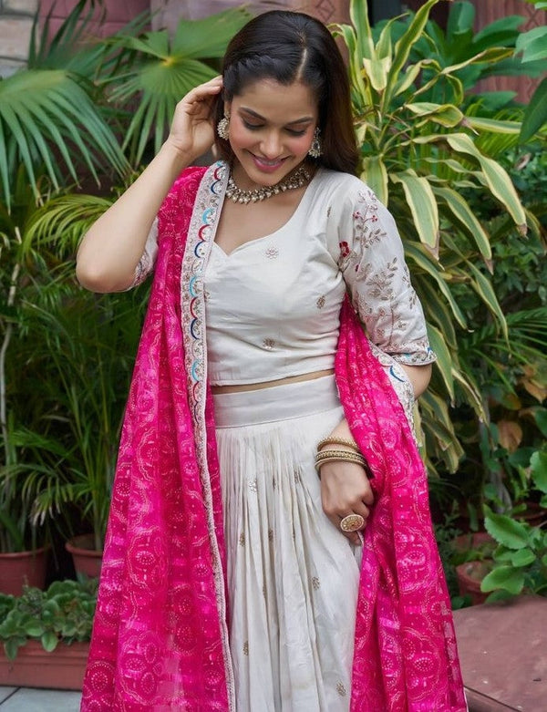 Beautiful White Color Tissue Fabric Readymade Party Wear Lehenga