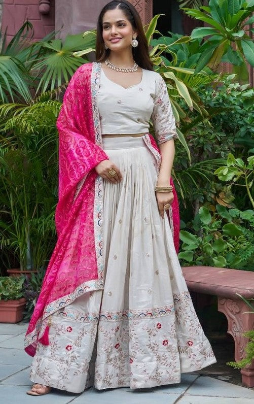 Beautiful White Color Tissue Fabric Readymade Party Wear Lehenga