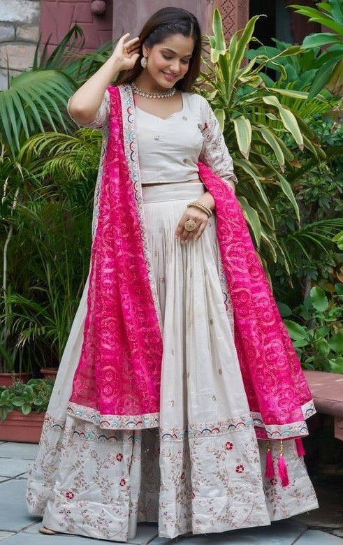 Beautiful White Color Tissue Fabric Readymade Party Wear Lehenga