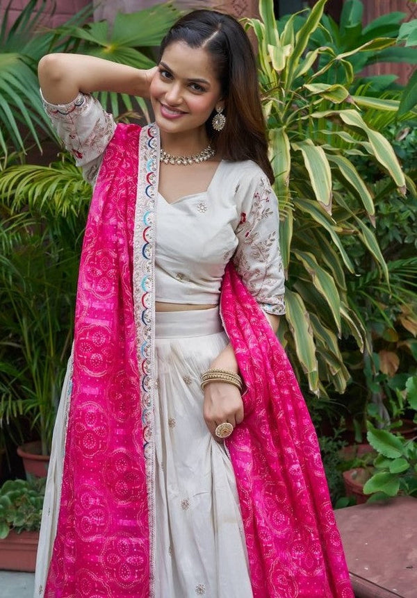 Beautiful White Color Tissue Fabric Readymade Party Wear Lehenga