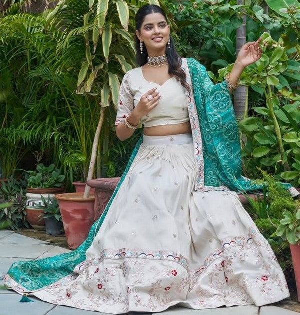 Beautiful White Color Tissue Fabric Readymade Party Wear Lehenga