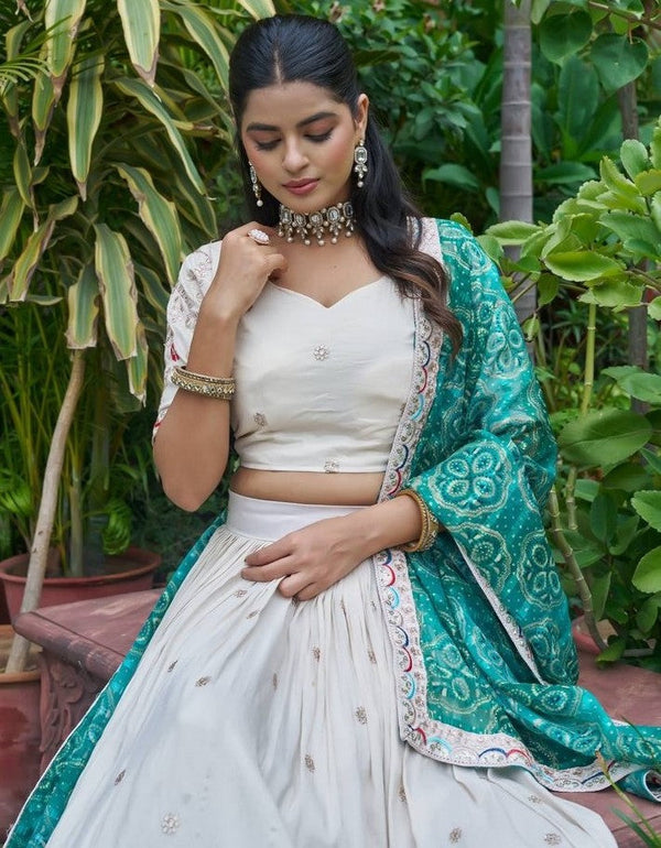 Beautiful White Color Tissue Fabric Readymade Party Wear Lehenga
