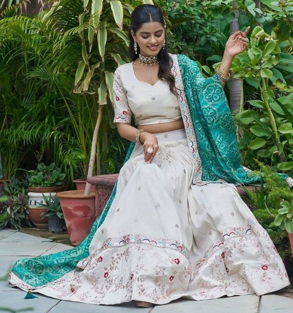 Beautiful White Color Tissue Fabric Readymade Party Wear Lehenga