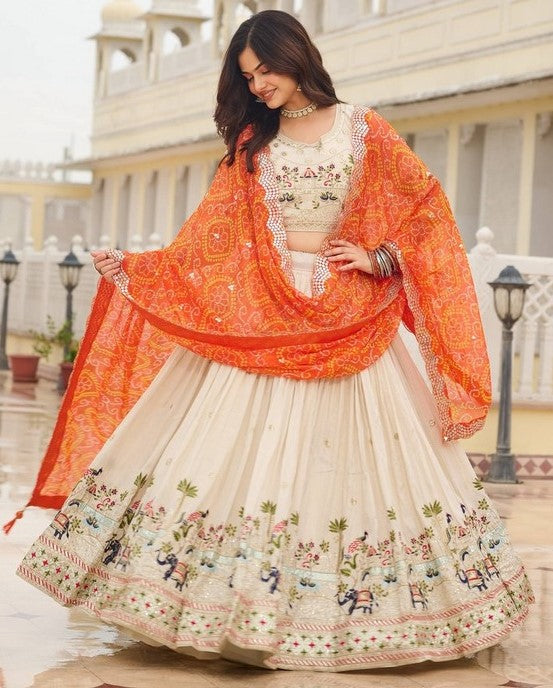 Alluring Cream Color Tissue Fabric Readymade Party Wear Lehenga