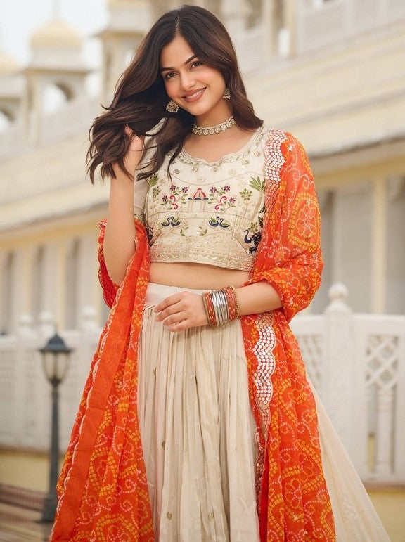 Alluring Cream Color Tissue Fabric Readymade Party Wear Lehenga