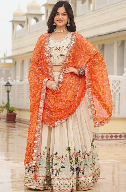 Alluring Cream Color Tissue Fabric Readymade Party Wear Lehenga