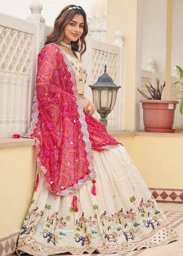 Alluring Cream Color Tissue Fabric Readymade Party Wear Lehenga