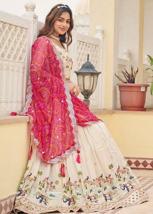 Alluring Cream Color Tissue Fabric Readymade Party Wear Lehenga