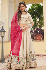 Alluring Cream Color Tissue Fabric Readymade Party Wear Lehenga