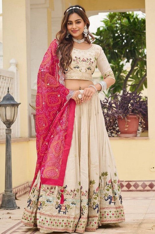 Alluring Cream Color Tissue Fabric Readymade Party Wear Lehenga