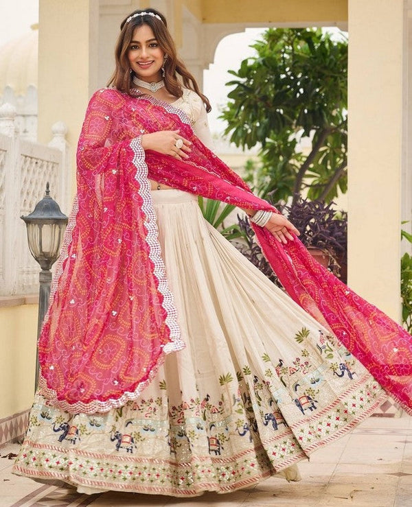 Alluring Cream Color Tissue Fabric Readymade Party Wear Lehenga