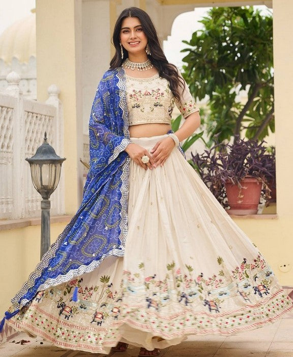 Alluring Cream Color Tissue Fabric Readymade Party Wear Lehenga