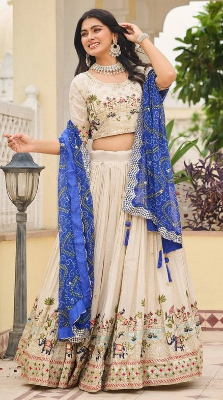 Alluring Cream Color Tissue Fabric Readymade Party Wear Lehenga