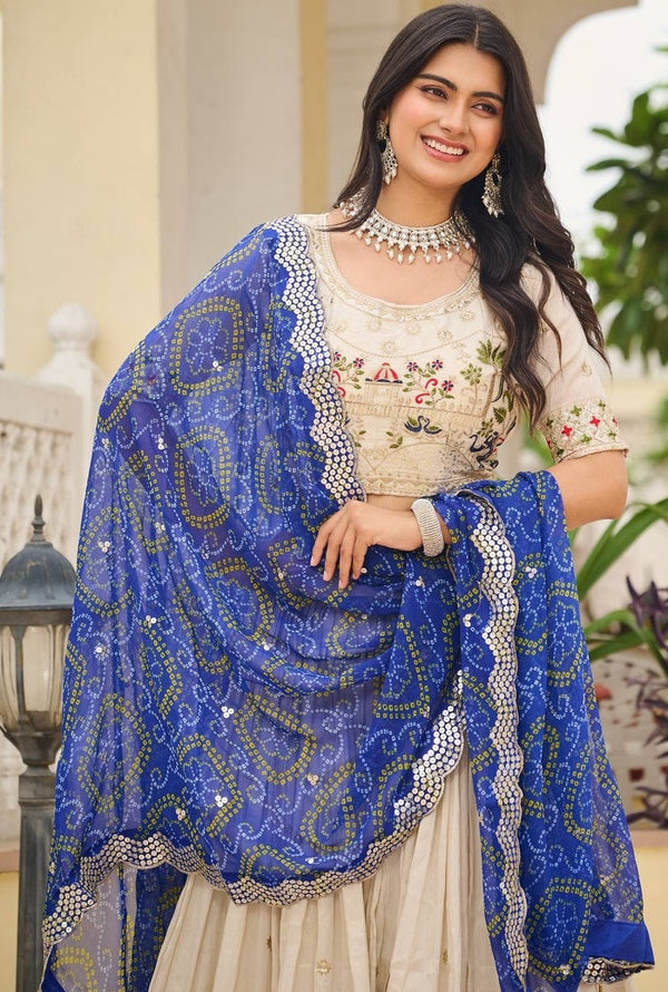 Alluring Cream Color Tissue Fabric Readymade Party Wear Lehenga