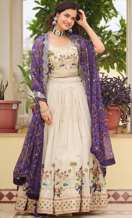 Alluring Cream Color Tissue Fabric Readymade Party Wear Lehenga
