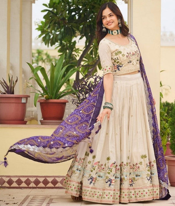 Alluring Cream Color Tissue Fabric Readymade Party Wear Lehenga
