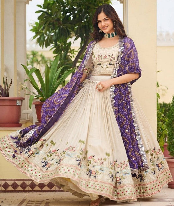 Alluring Cream Color Tissue Fabric Readymade Party Wear Lehenga