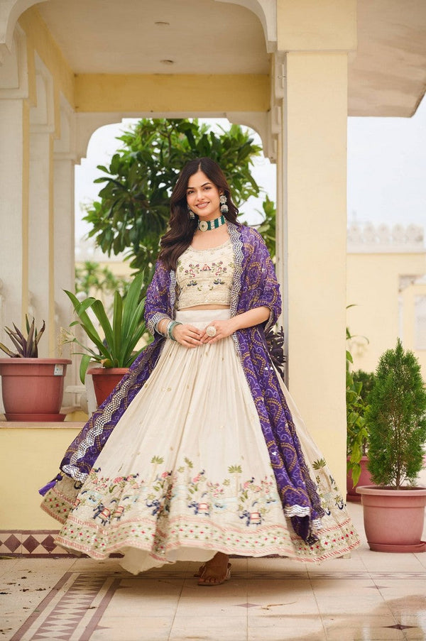 Alluring Cream Color Tissue Fabric Readymade Party Wear Lehenga