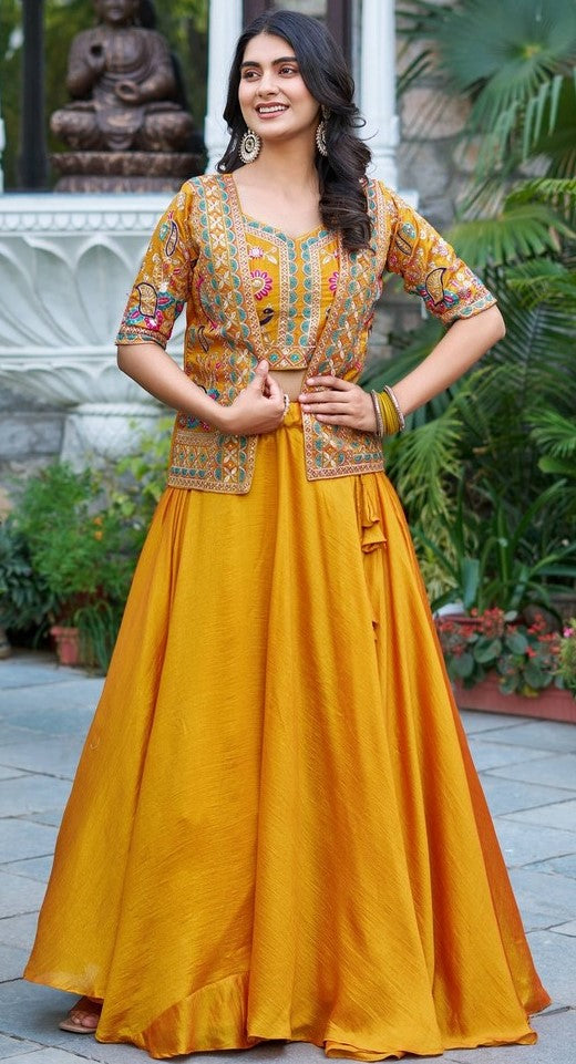 Elegant Yellow Color Vichitra  Fabric Party Wear Lehenga