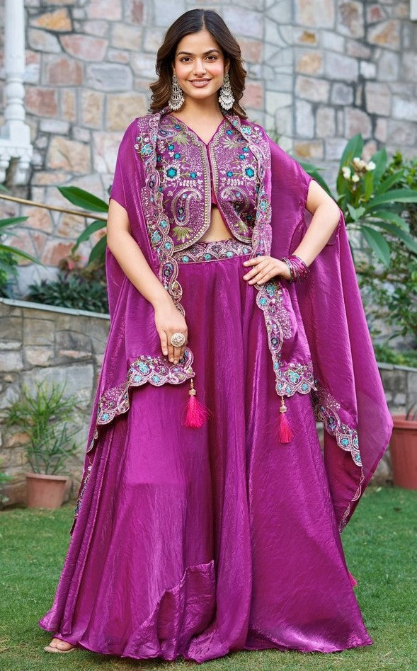Elegant Purple Color Silk  Fabric Party Wear Lehenga
