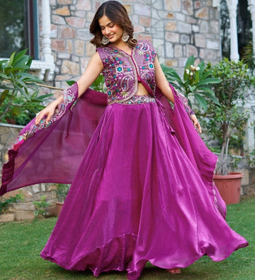Elegant Purple Color Silk  Fabric Party Wear Lehenga