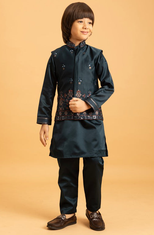 Amazing Green Color Satin Fabric Boys Kurta Pajama and Jacket