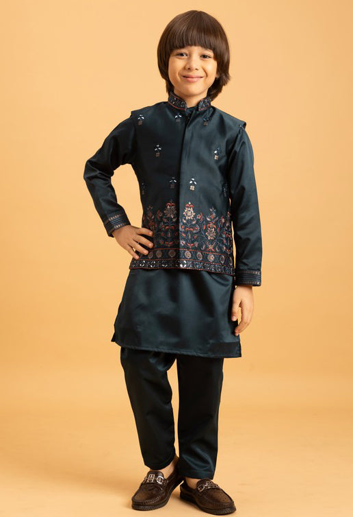 Amazing Green Color Satin Fabric Boys Kurta Pajama and Jacket