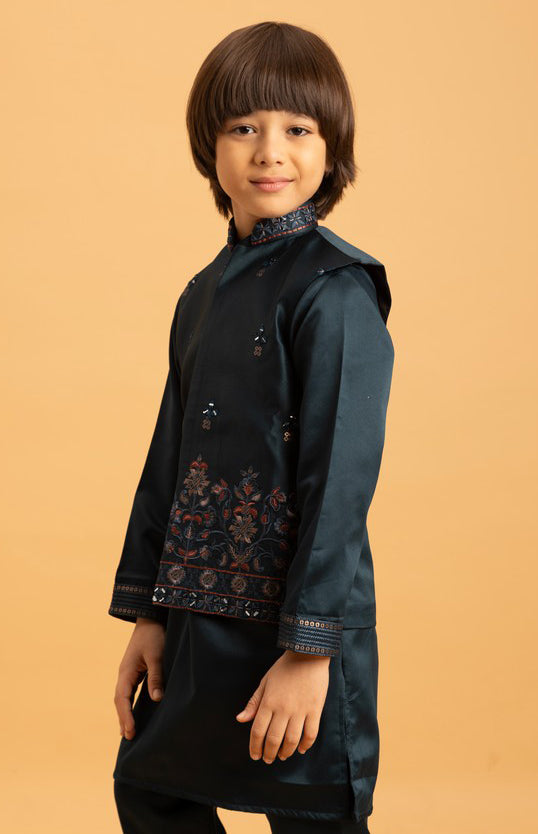 Amazing Green Color Satin Fabric Boys Kurta Pajama and Jacket