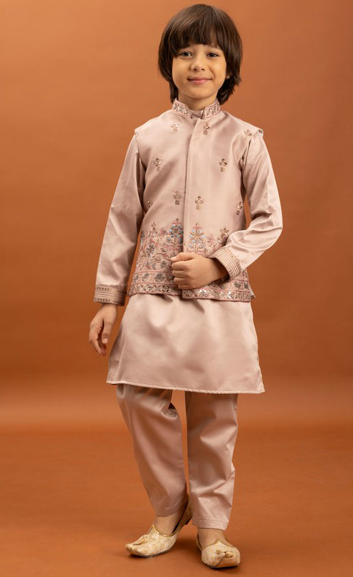 Amazing Peach Color Satin Fabric Boys Kurta Pajama and Jacket
