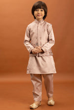 Amazing Peach Color Satin Fabric Boys Kurta Pajama and Jacket