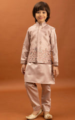 Amazing Peach Color Satin Fabric Boys Kurta Pajama and Jacket
