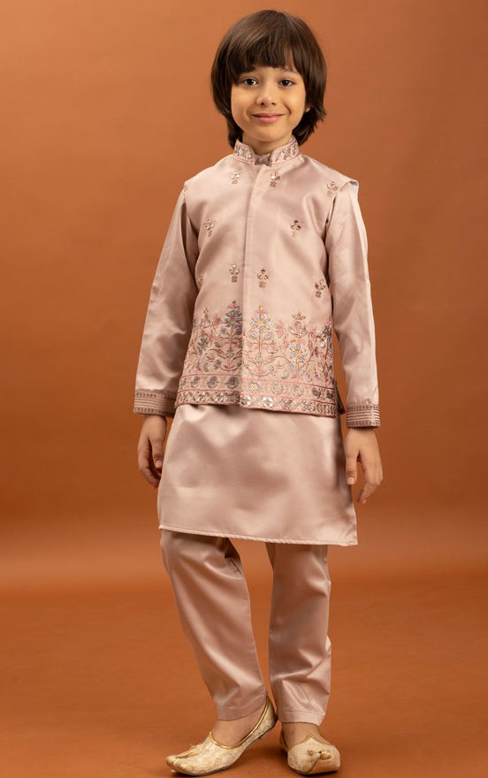 Amazing Peach Color Satin Fabric Boys Kurta Pajama and Jacket